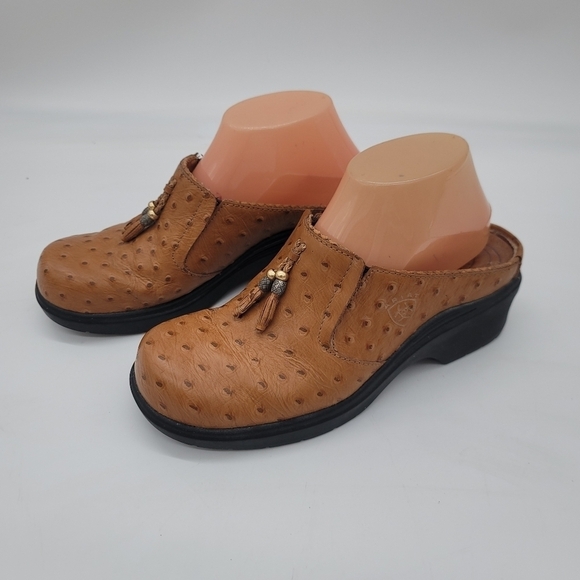 Ariat Tassled Mules Womens 8B Clogs Leather Ostrich Print Slip On Western Shoes - Picture 1 of 10